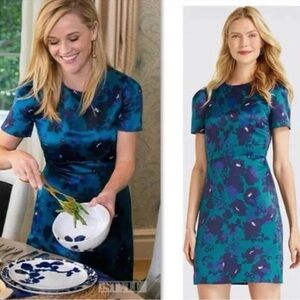 Draper James teal blue structured floral dress size 2